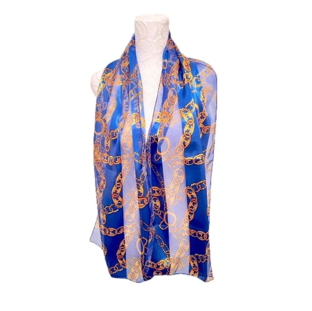 Royal Blue & Gold Chain-Print Sheer Scarf